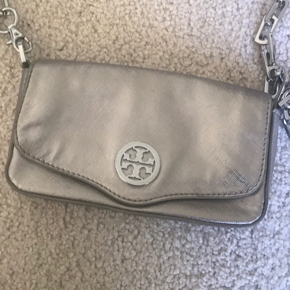 Silver Tory Burch shoulder / clutch bag